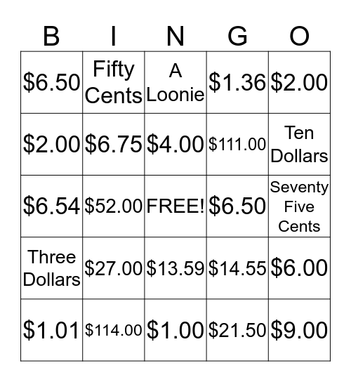 Money Bingo Card