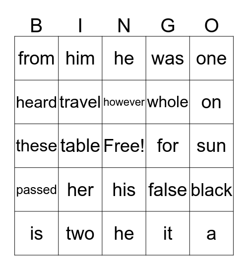 High Frequency Words Bingo Card