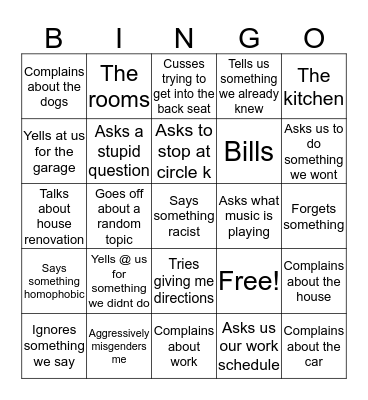 Carrie Car Ride Bingo Card