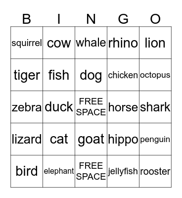 Animal BINGO Card