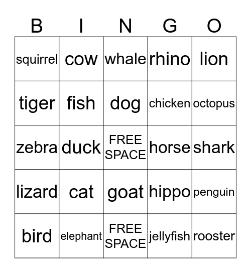 Animal BINGO Card