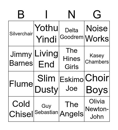 Aussie Music Bingo Card