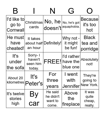 Answers to mystery questions Bingo Card
