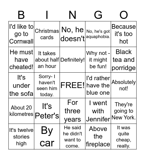 Answers to mystery questions Bingo Card