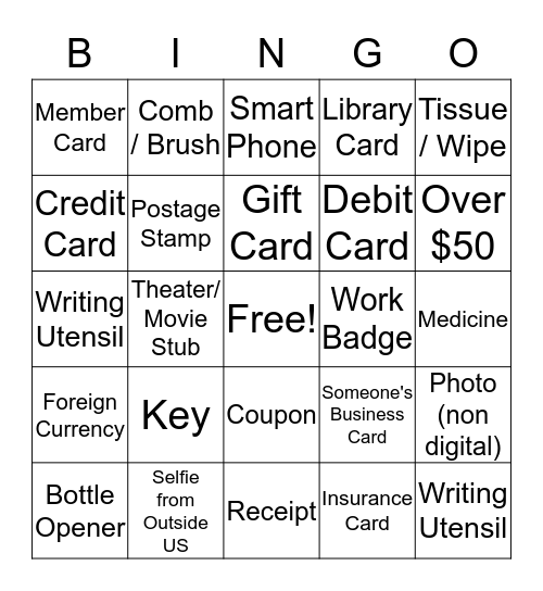 Purse / Person / Pocket / Wallet Bingo Card