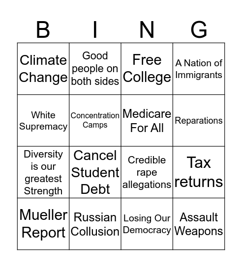 Democrat Debate Bingo Card