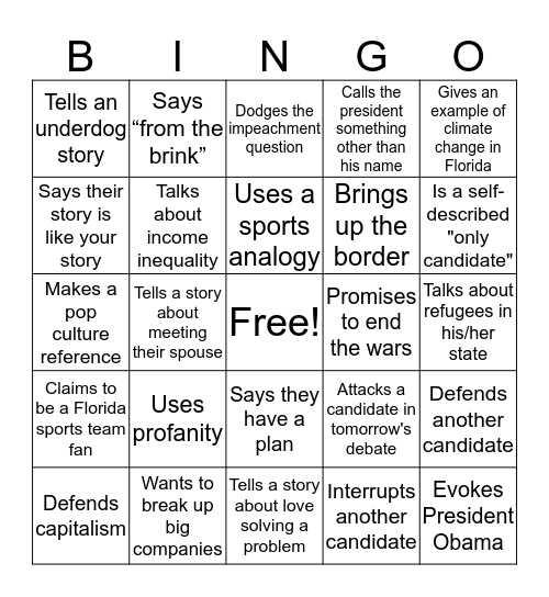 Debate 1: When a candidate ... Bingo Card