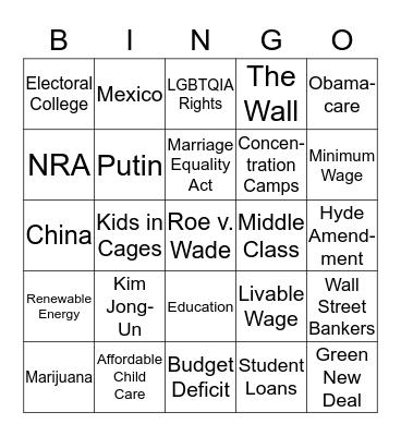 Democrat Debates 2019 6/26 Bingo Card