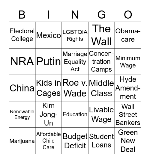 Democrat Debates 2019 6/26 Bingo Card