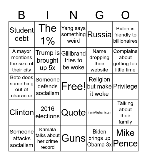 Democrat Debate Bingo Card