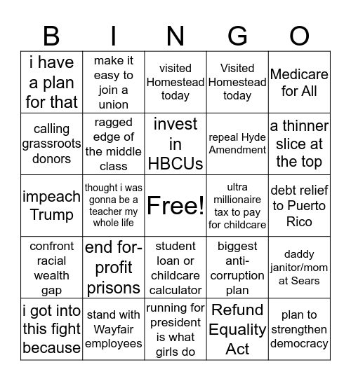 Elizabeth Warren Debate Bingo Card