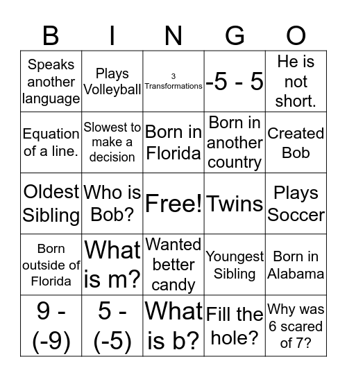 Math Bingo Card