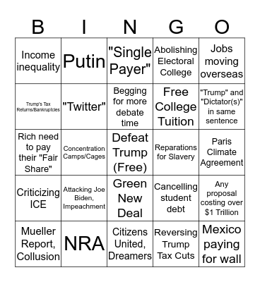 Democratic Debate Bingo Card