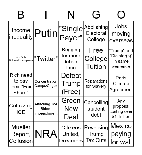 Democratic Debate Bingo Card