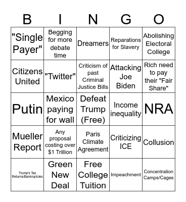 Democratic Debate Bingo Card