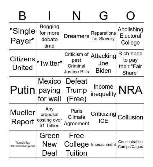 Democratic Debate Bingo Card
