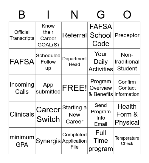 Enrollment BINGO Card