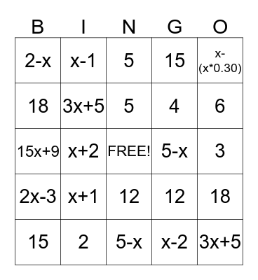 Algebra! Bingo Card