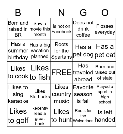 Getting to know your fellow Big Rapidians . . .  Bingo Card