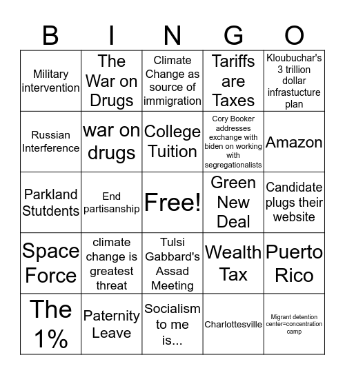 Democratic Debate Night One Bingo Card