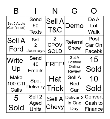 CAR SALES BINGO Card