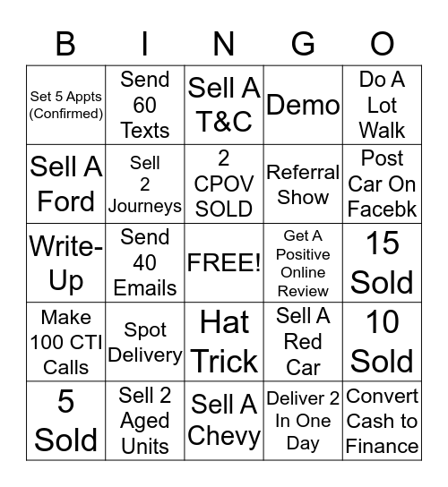 CAR SALES BINGO Card