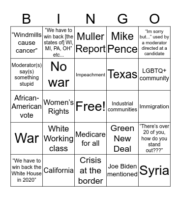 Democratic Debate I Bingo Card