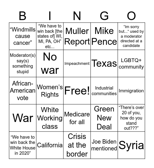 Democratic Debate I Bingo Card