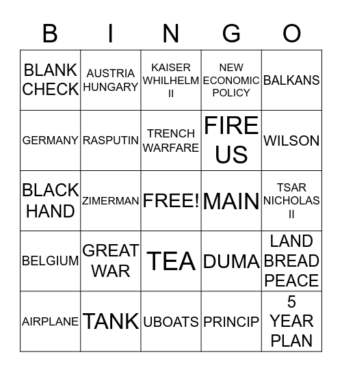 WORLD WAR ONE Bingo Card