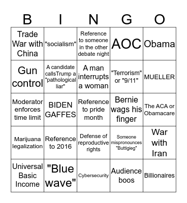 Democratic Primary Debate Bingo Card