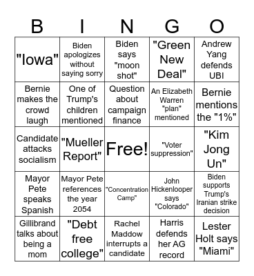 DEMOCRATIC DEBATE DISASTER 2020 Bingo Card