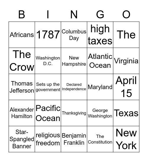 Week Five Bingo Card