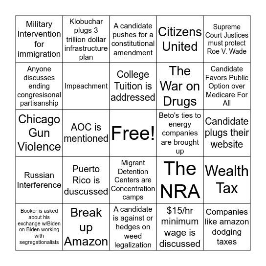 Democratic Debate Night One Bingo Card
