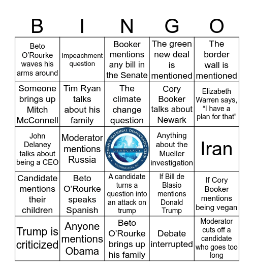 WNDC 2020 Democratic Debate  Bingo Card
