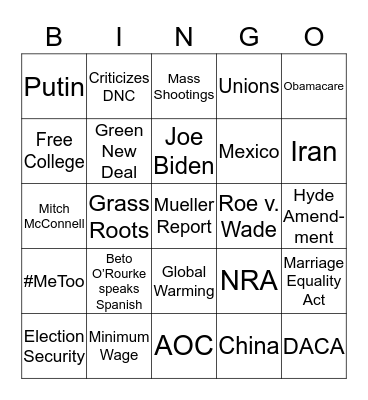 Democrat Debates 2019 6/26 Bingo Card