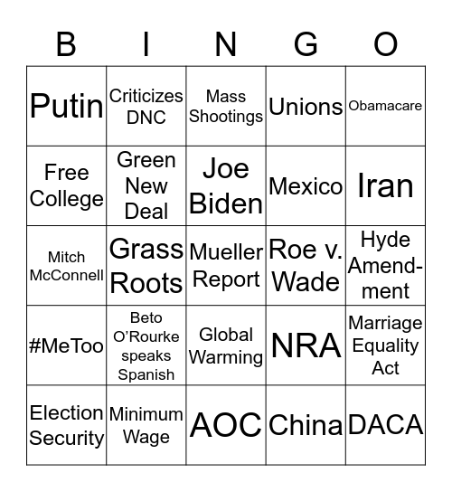 Democrat Debates 2019 6/26 Bingo Card