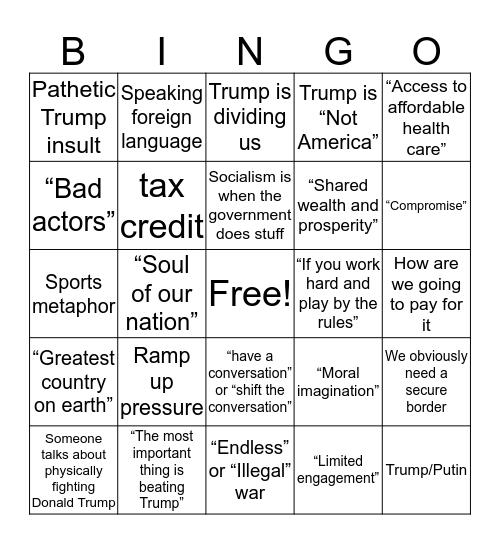 Democratic Debates: Night 1 Bingo Card
