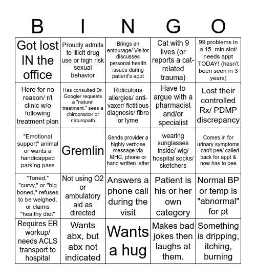 Primary Care Bingo Card