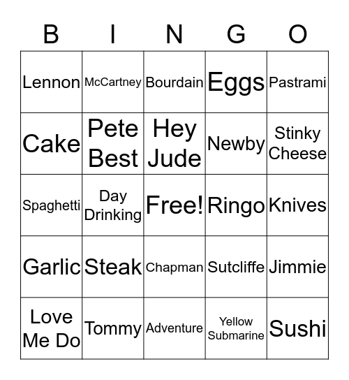 Bourdain & Beatles Bingo Card