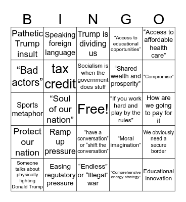 Democratic Debates: Night 1 Bingo Card