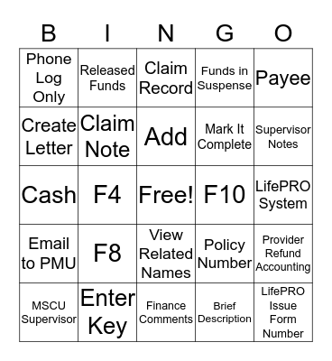 Release Funds Bingo Card