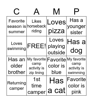 Camp Sanguinity Bingo Card
