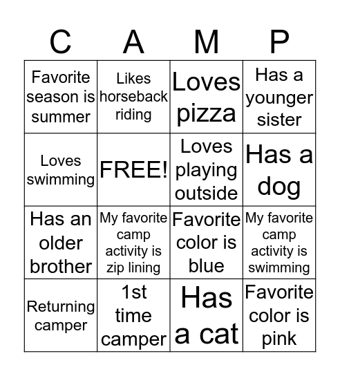 Camp Sanguinity Bingo Card