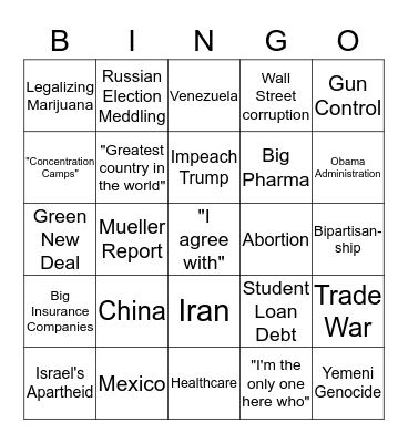 Democratic Debate Bingo Card