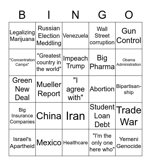 Democratic Debate Bingo Card