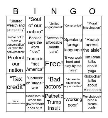 Democratic Debates: Night 1 Bingo Card
