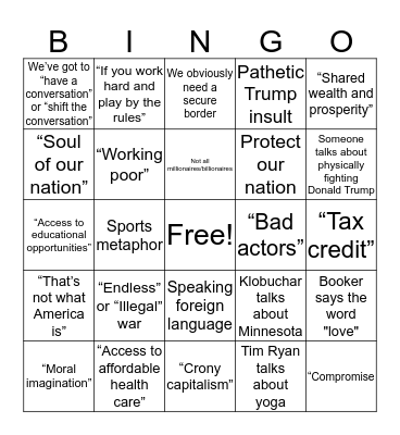 Democratic Debates: Night 1 Bingo Card