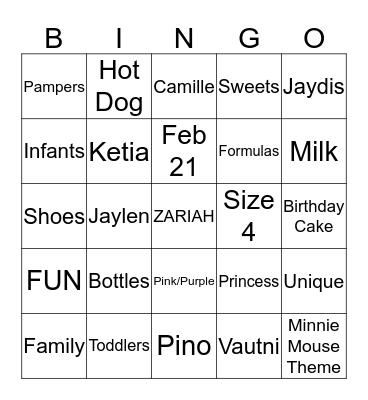 Zariah 1st Birthday! Bingo Card