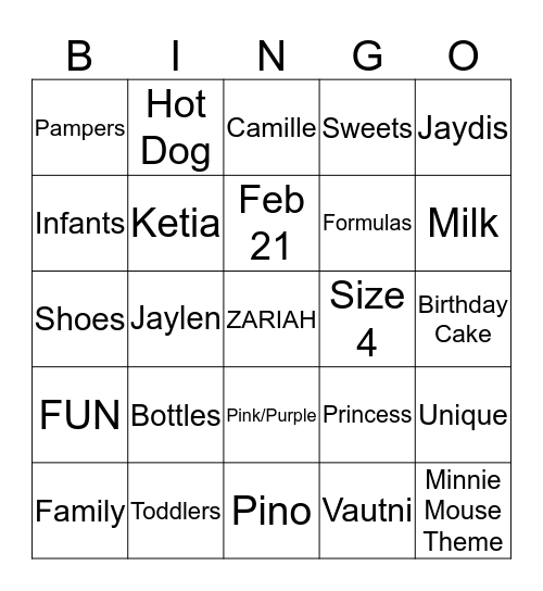 Zariah 1st Birthday! Bingo Card