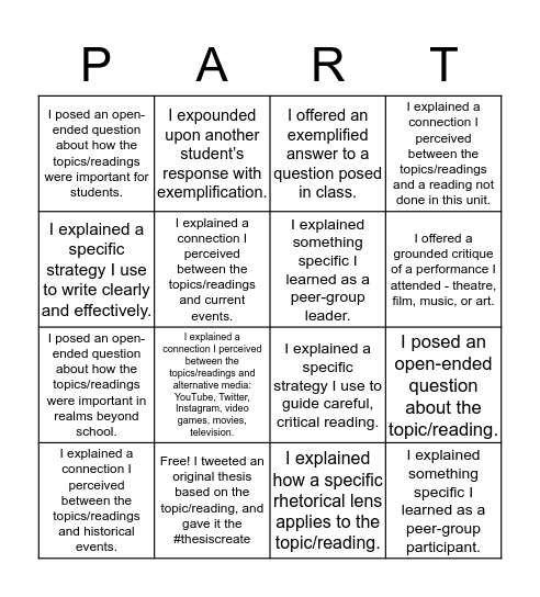 Participation Bingo Card